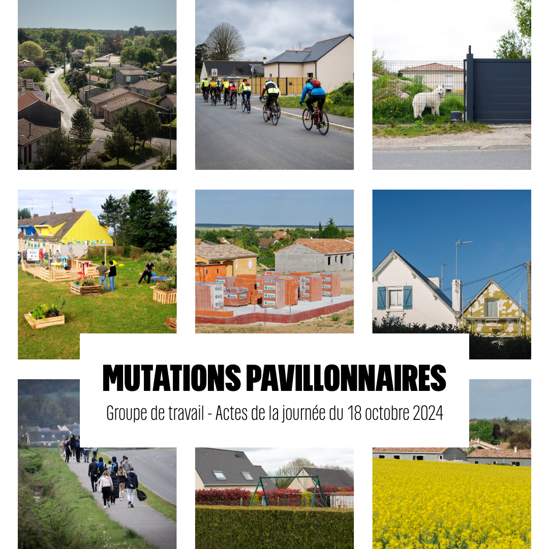 Une mosaïque de photographies représentant des maisons pavillonnaires, de près comme de loin, certaines en construction, d'autres non, avec des jardins et près des champs. Par dessus la mosaïque, le titre de l'étude : 